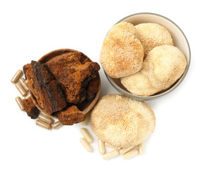 Different functional mushrooms and pills isolated on white, top view © New Africa