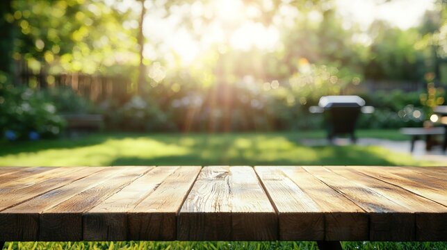 Wooden table with blurred backyard scene