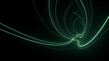 Obraz premium Futuristic glowing light trails on black background, abstract green neon motion lines, high speed data transfer concept