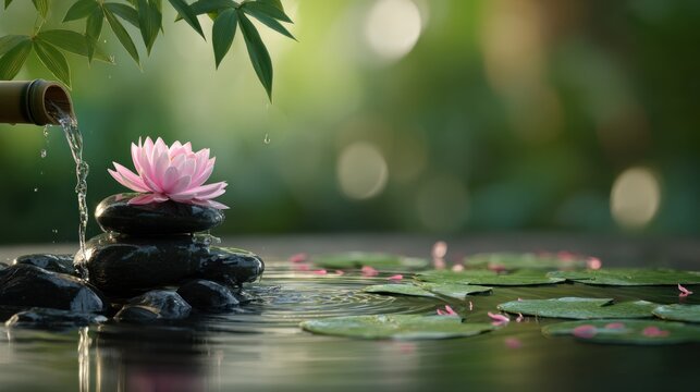 Zen garden water lily on balanced stones