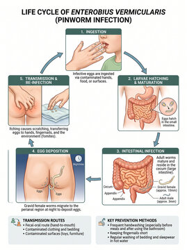 Scientific infographic diagram illustrating the life cycle and transmission of Enterobius vermicularis (pinworm infection).