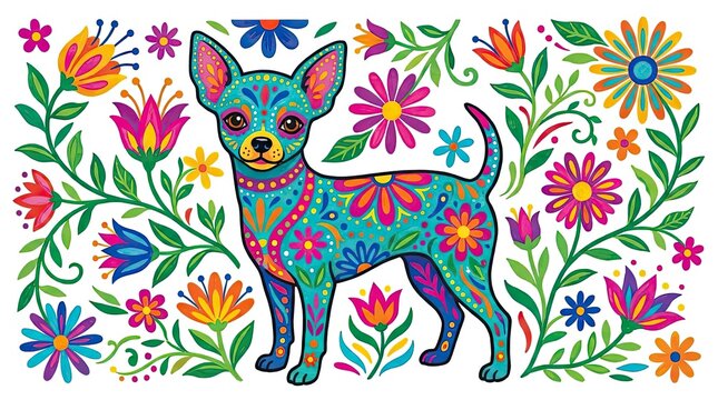 Colorful Chihuahua dog with Mexican folk art floral patterns
