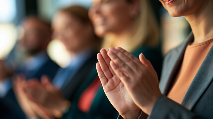 Obraz premium side view of professional company staff standing in a row clapping hands in a bright modern office, faces angled away from camera, corporate conference concept, teamwork, seminar,