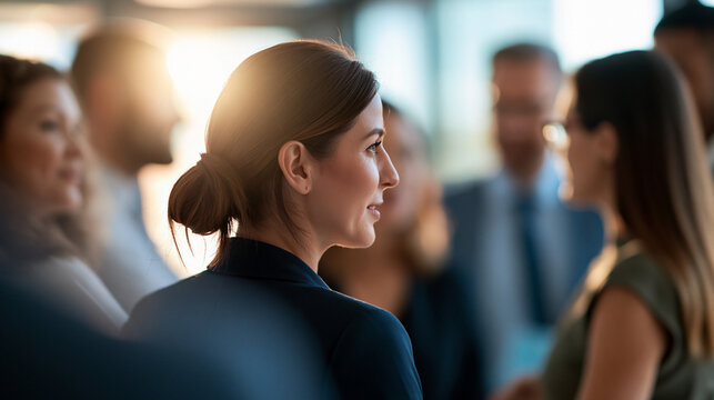 rear view of professionals networking in small groups during corporate training in a bright office, backs to camera, group collaboration concept, strategy, planning, teamwork,