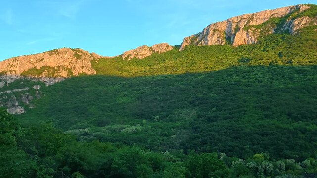 Golden light bathes forested mountainside. Sicevo Gorge, Serbia.