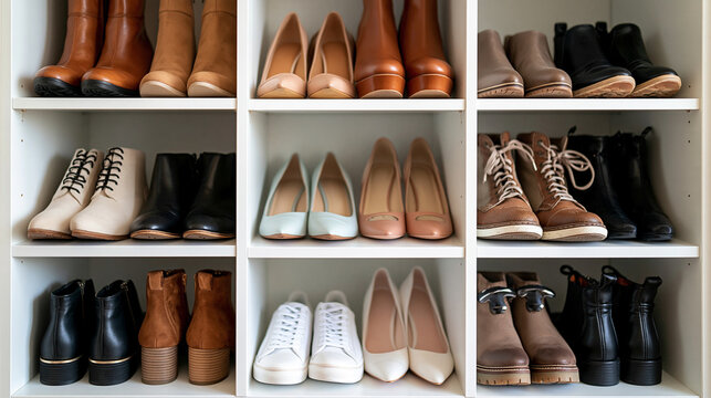 bright custom shoe closet with organized boots and footwear, wardrobe storage solution concept, tidy entryway, modern home lifestyle, functional design, fashion, clean,