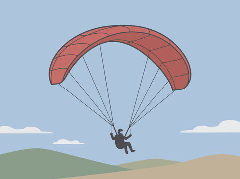 Paraglider pilot flying with red canopy wing in the sky illustration.