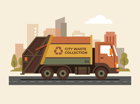 Orange and yellow city waste collection garbage truck on the road.