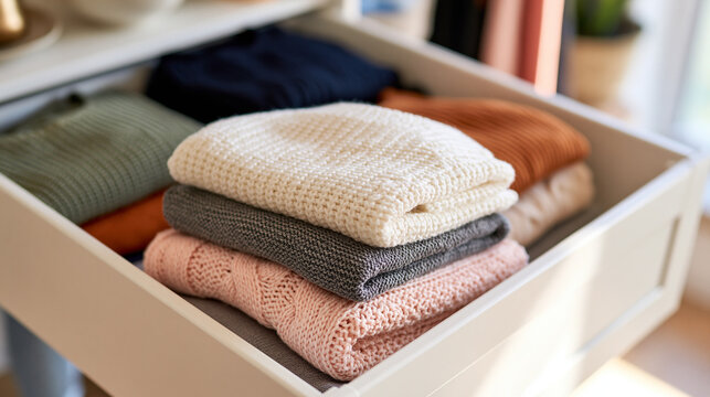 bright neatly organized sweater drawer with folded knitwear, seasonal clothing storage concept, home organization, tidy wardrobe, lifestyle, fashion, clean design, functional,