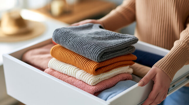 bright neatly organized sweater drawer with folded knitwear, seasonal clothing storage concept, home organization, tidy wardrobe, lifestyle, fashion, clean design, functional,