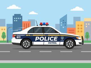 Modern Police Patrol Car Vector Illustration on City Road. © Fajar Amina