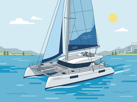Modern white catamaran sailboat with blue sails cruising on the ocean.