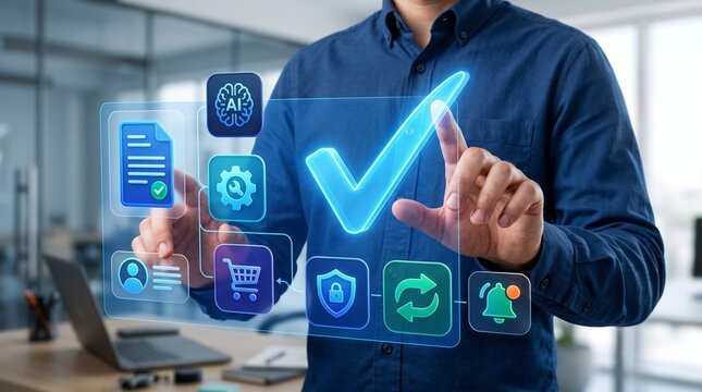 Purchase Approval Workflow with Large Holographic Procurement Icons, Supplier Management, Automated Purchasing Decisions and Enterprise Business Process Automation Technology