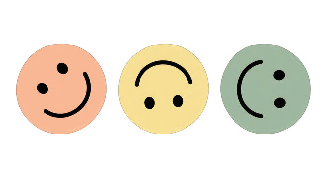Three smiley faces in pastel colors, one upside down, conveying emotions and mood.