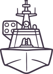 Obraz premium Modern Naval Warship Doodle Vector Icon Depicting Front View for Defense and Security Operations, Simple Outline.