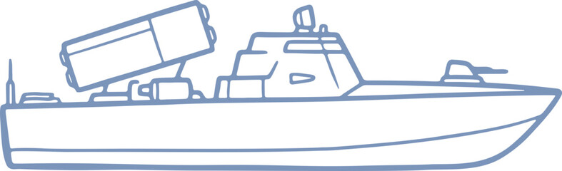 Obraz premium Doodle Sketch of a Modern Armed Naval Vessel with Missile Launcher, Showcasing Maritime Defense and Strategic Power.