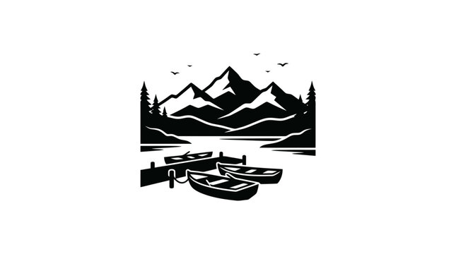 Mountain Lake with Pier and Boats Vector Illustration. Adventure, Travel, Nature Landscape, Camping Concept Logo Icon Isolated on White Background Graphic Clip Art Design Asset