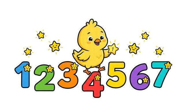 Cute cartoon chick with numbers from one to seven