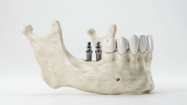 Dental implant model of human jaw. Artificial teeth restoration on a medical mandible.