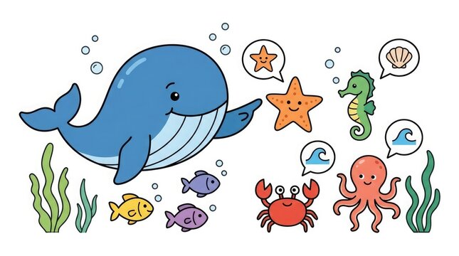 Cute cartoon whale and sea animals isolated on white background