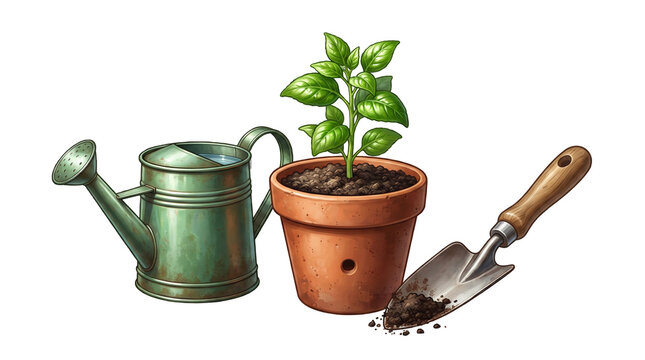 Gardening tools set with small potted plant and metal as transparent object