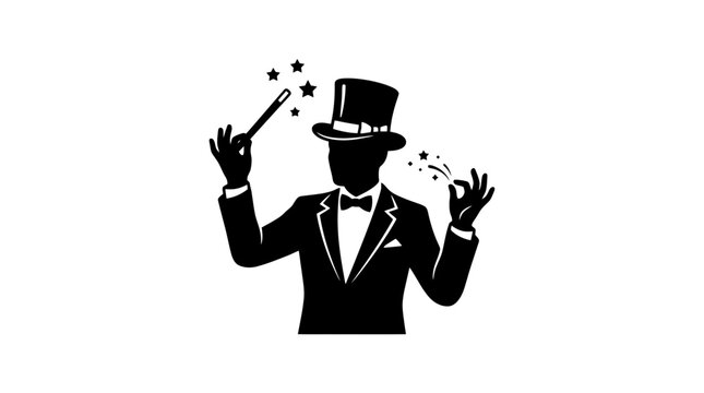 Black silhouette of a magician in a top hat and suit, holding a magic wand with stars emanating, performing a trick.