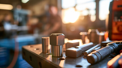 Fototapeta premium metal punches displayed on a bright workshop bench for precision engineering and mechanical repair, industrial tools concept, technical maintenance, professional craftsmanship,