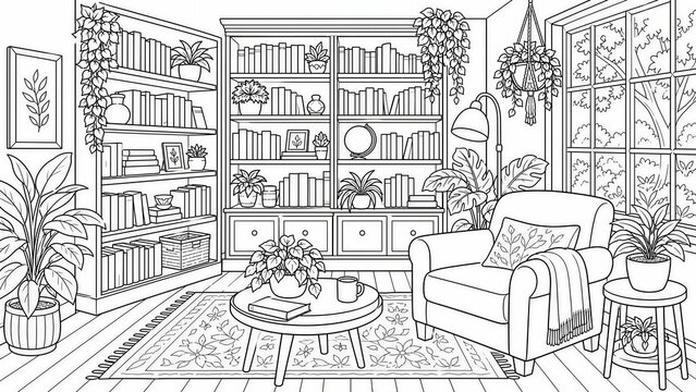 Cozy reading nook room interior with bookshelf armchair and house plants, black and white line art coloring page for adults