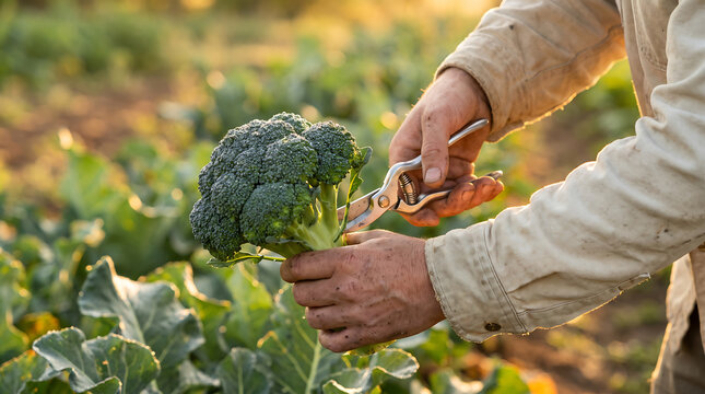Fresh broccoli harvest in a lush green garden field, showcasing sustainable farming practices with pruning shears and natural sunlight for healthy organic vegetable production