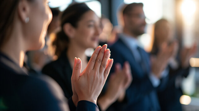 rear view of a group of business professionals standing in a row clapping hands and celebrating success in a bright modern office, backs to camera, corporate achievement concept,