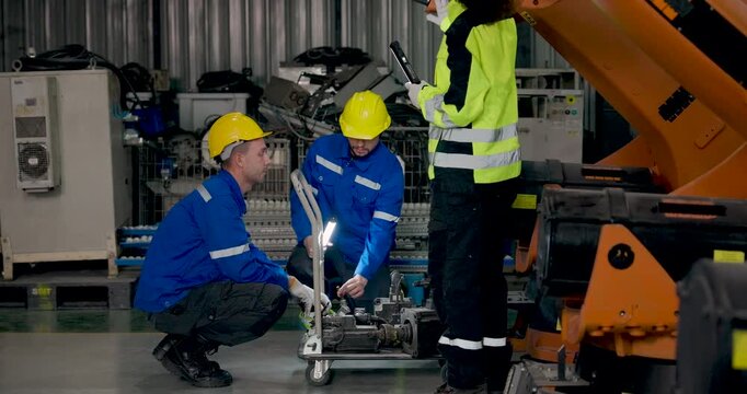 Adult male technicians and female engineer inspect industrial robotic arm with flashlight in factory workshop, checking mechanical condition and discussing maintenance for automated manufacturing.