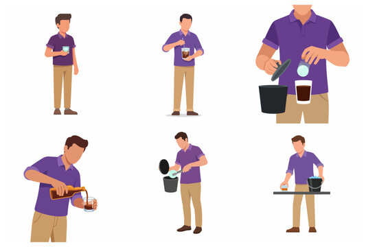 Man Preparing Cold Beverage Vector Set Featuring Man Pouring Drink Adding Ice and Stirring in Flat Minimalist Style