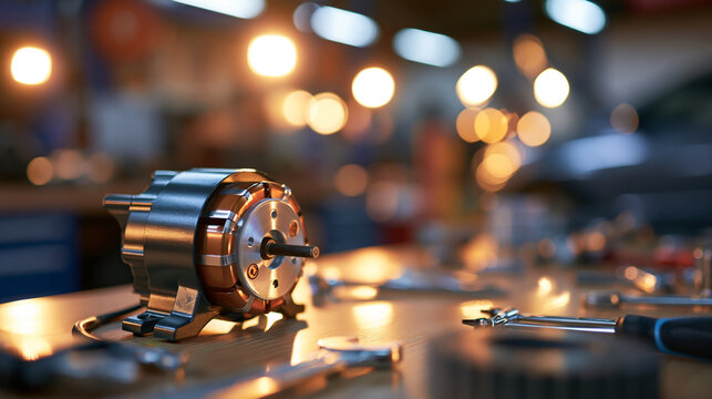 starter motor displayed on a bright workbench in an automotive repair workshop, vehicle engine component concept, professional maintenance, replacement part, mechanical equipment,