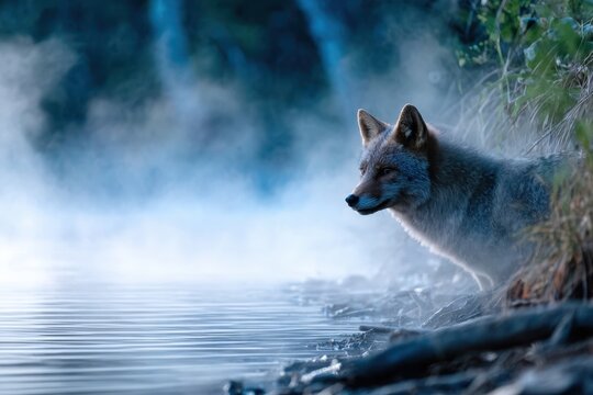Coyote observes the misty lake at dawn in a serene natural setting
