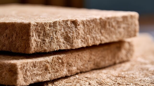Close up of stacked fiberboard panels showing textured surface and natural brown color under soft lighting