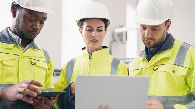 Group of factory engineers wearing safety jackets and helmets discussing project. Female holding laptop showing data while colleague using tablet. Team discussing in production facility.