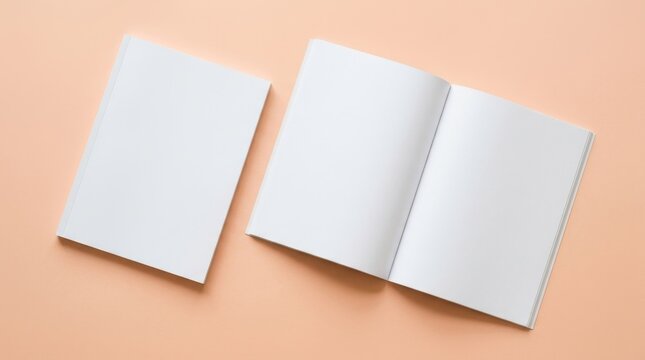 Blank open magazine spread and closed book cover mockup template on peach pastel background for corporate branding identity design presentation, professional print publishing layout showcase