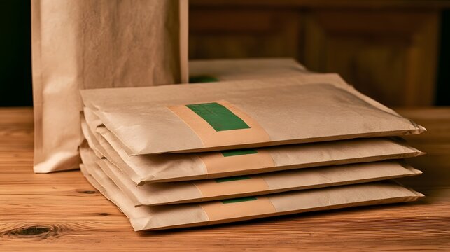 Stack of brown paper mailer bags with green tape on wooden surface for eco friendly shipping and packaging