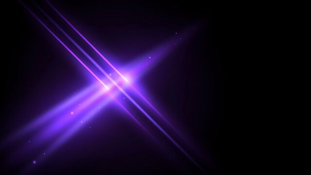 Purple lens flare with anamorphic light streaks, glowing violet optical effects on black background, cinematic neon light rays