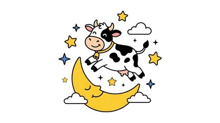 Fototapeta premium Cute cartoon cow jumping over the moon with stars and clouds