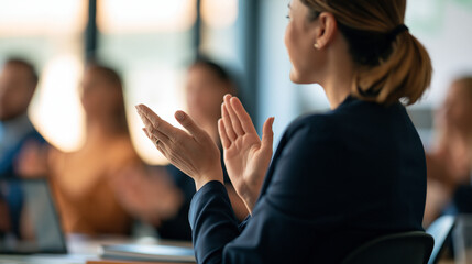 Obraz premium rear view of business people applauding during a work meeting in a bright office, backs to camera, success celebration concept, teamwork, strategy, collaboration, presentation,