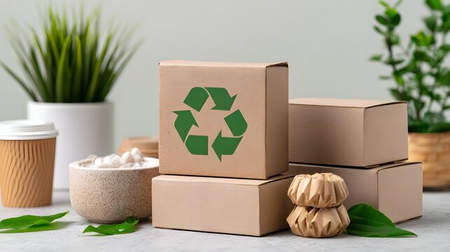 Recycling symbol on cardboard boxes surrounded by eco friendly items like plants and reusable cups
