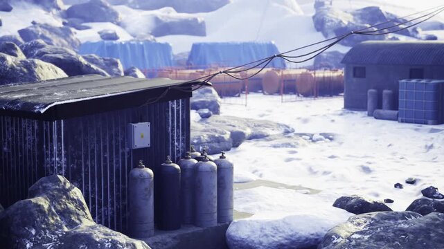 Weathered shed beside gas cylinders and pipes, frostcovered ground and corrugated walls, rusted metal surfaces and pressure valves, rocky frozen landscape