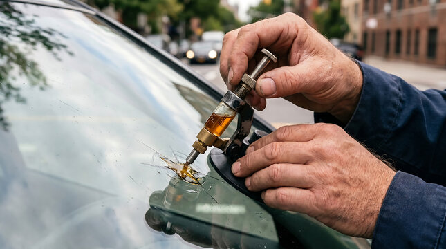Close-up of hands repairing a damaged car windshield with resin injection tool and suction cup to fix cracks and chips windshield injection automotive maintenance