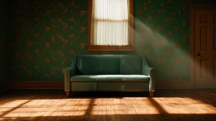 Fototapeta premium A vintage green sofa sits against a floral wallpaper wall, lit by sunlight streaming through a curtained window, casting shadows on a wooden floor.