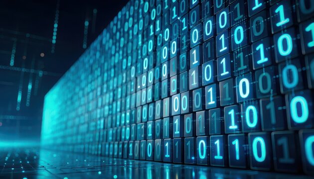 Binary code wall on blue digital technology background