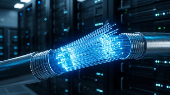 Glowing blue fiber optic cables in data center. High speed internet connection technology.