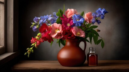 Fototapeta premium A rustic brown vase holds a vibrant bouquet of colorful flowers, accompanied by a small glass bottle, set on a wooden surface by a softly lit window.