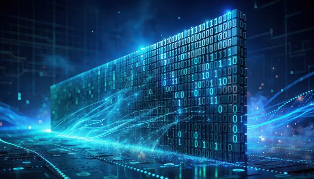 Binary code wall on blue digital technology background