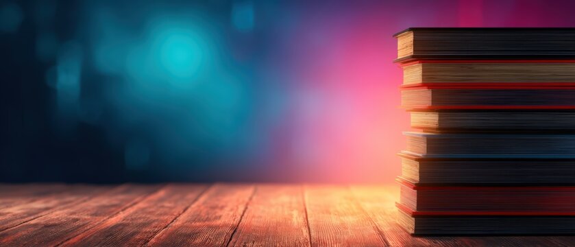 A stack of hardcover books with a blurred blue and pink background on a wooden surface.